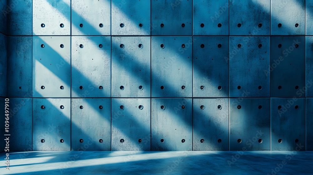 Industrial concrete wall with dramatic downlighting and blue-tinted surface, featuring geometric panel patterns and metallic rivets in modern brutalist architectural style. Industrial concrete wall with dramatic downlighting and blue-tinted surface, featuring geometric panel patterns and metallic rivets in modern brutalist architectural style.