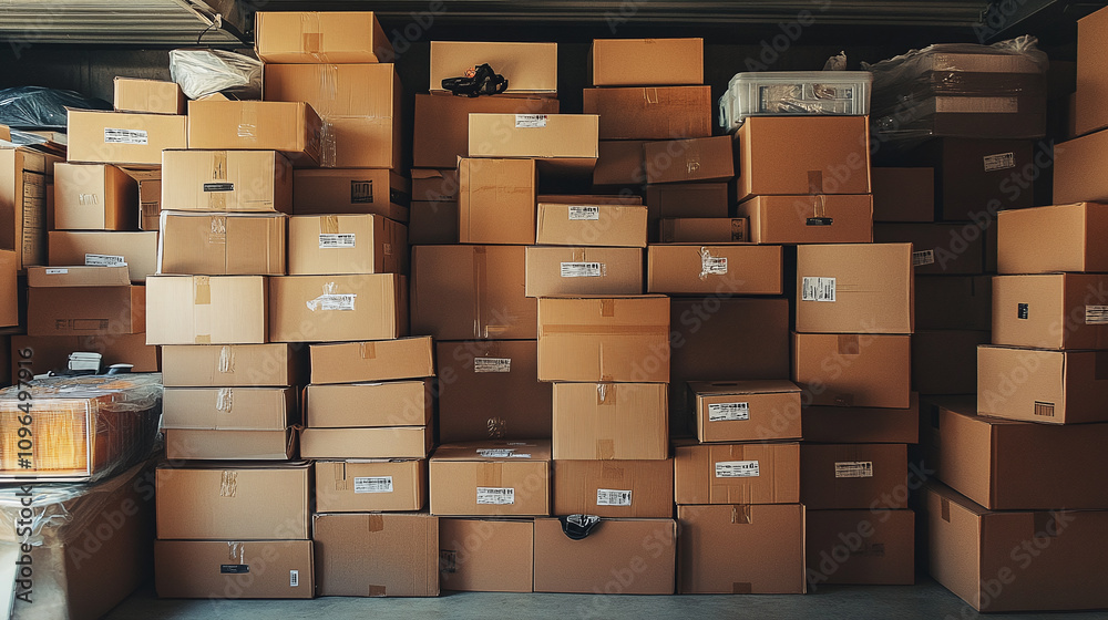 Storage garage filled with neatly stacked cardboard boxes and bins, illustrating an organized yet cluttered space for moving or long-term storage solutions. Storage garage filled with neatly stacked cardboard boxes and bins, illustrating an organized yet cluttered space for moving or long-term storage solutions.