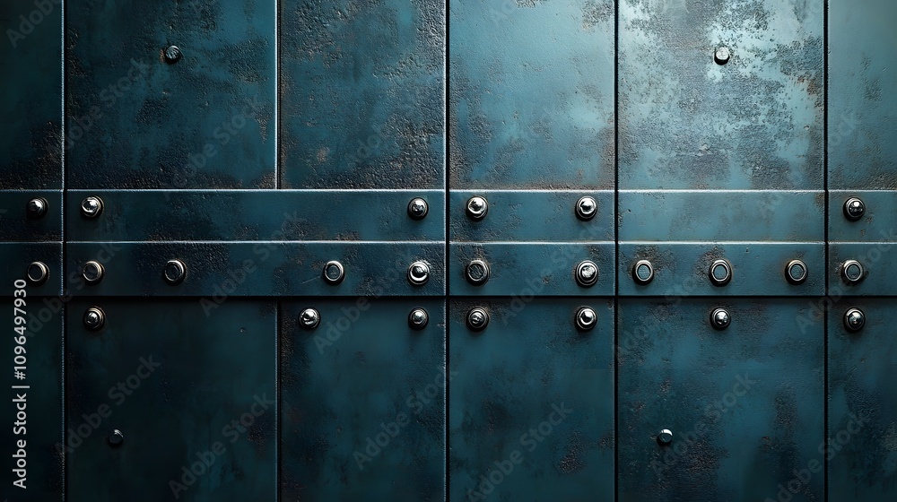 Fototapeta premium Industrial concrete wall&nbsp;with dramatic downlighting and blue-tinted surface, featuring geometric panel&nbsp;patterns and metallic rivets in modern&nbsp;brutalist architectural style.