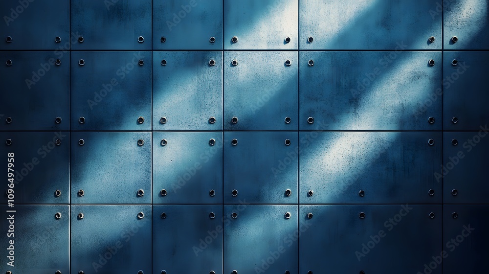 Industrial concrete wall with dramatic downlighting and blue-tinted surface, featuring geometric panel patterns and metallic rivets in modern brutalist architectural style. Industrial concrete wall with dramatic downlighting and blue-tinted surface, featuring geometric panel patterns and metallic rivets in modern brutalist architectural style.