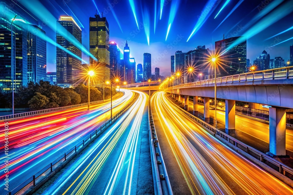 Obraz premium Abstract Cyberpunk Background with Neon Light Trails in Blue, Yellow, and Orange Colors Creating a Bright Sparkling Effect on a Night Road in Panoramic Photography Style