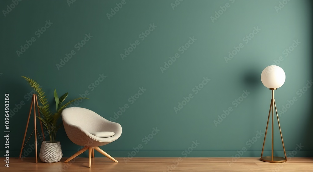 Minimalist interior design with a green wall, a comfortable armchair, a potted plant, and a floor lamp. Minimalist interior design with a green wall, a comfortable armchair, a potted plant, and a floor lamp.