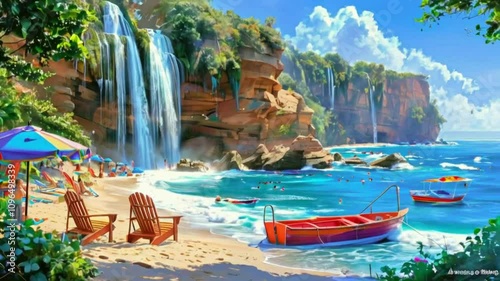 Vibrant tropical scenery featuring a waterfall cascading over rocks Lush palms and a rainforest are visible in the background The scene is depicted in a colorful 2D cartoon style