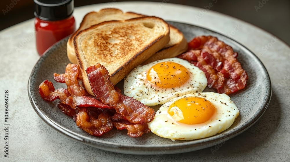 Plate of eggs, bacon, and toast. Plate of eggs, bacon, and toast.