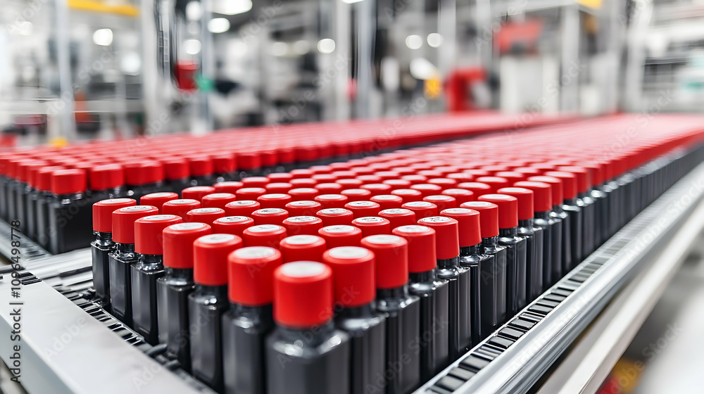 Fototapeta premium Conveyor Belt of Bottles with Red Caps in Factory