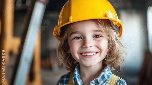 Smiling child in a bright yellow construction helmet, radiating joy and curiosity, captured in a construction-themed environment.