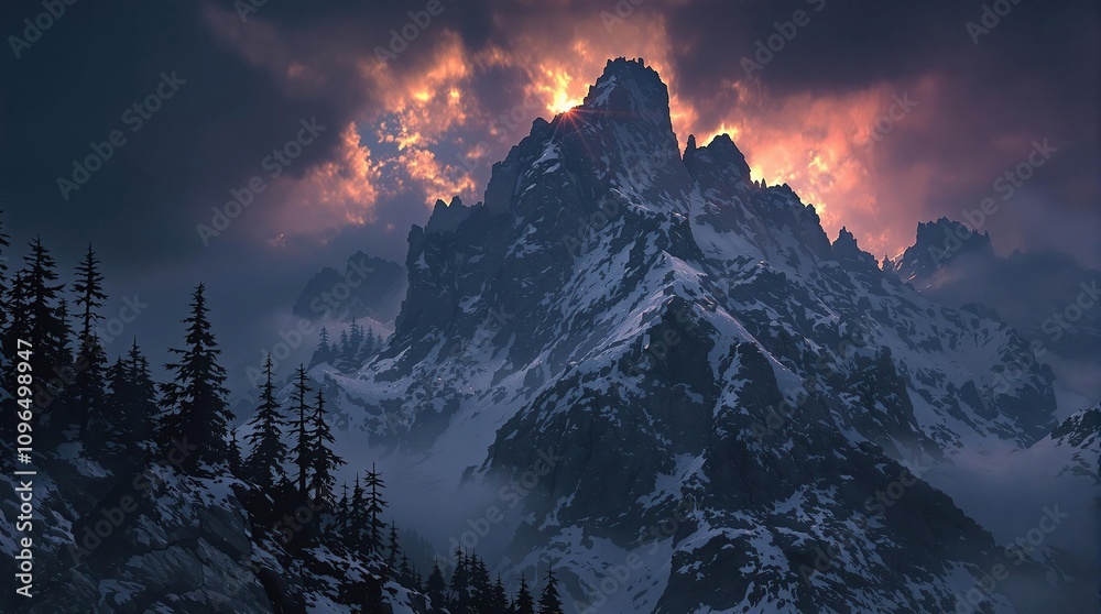 Obraz premium A dramatic mountain peak with a dark and foreboding tone created by solarized effects, , dark tones