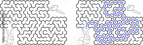 Help bunny pass through maze to find carrot. Feed the hungry pet labyrinth. Not hard riddle for kids and parents with solution