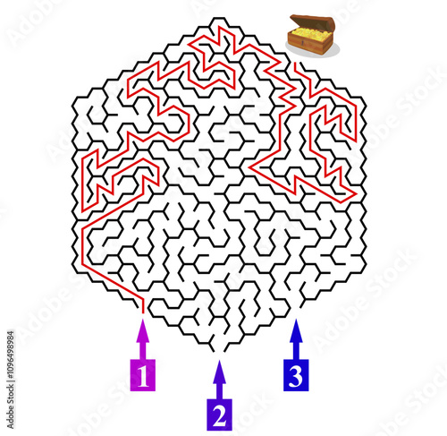 Advanced vector hexagonal labyrinth with three entrances and only one way to finish. Find the right way and reach the exit of the maze. Mental educational game with clue.