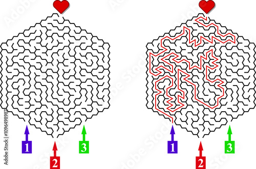 Advanced vector hexagonal labyrinth with three entrances and only one way to finish. Find the right way and reach the exit of the maze. Mental educational game with clue.
