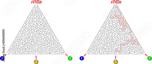 Advanced triangular labyrinth with three entrances and only one way to finish. Find the right way and reach the exit of the maze. Mental educational game template with clue. Vector illustration