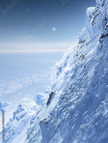 A sled racing down a steep slope on a frozen lake, frozen lake, snow-covered ground, speed photo