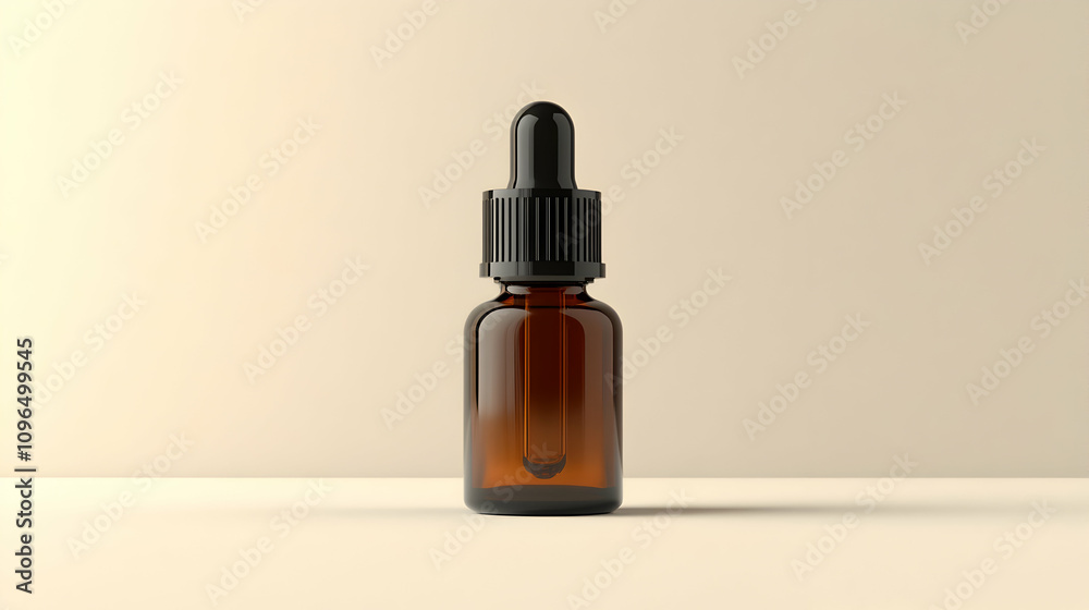 3D Render of Amber Glass Dropper Bottle on Beige Background