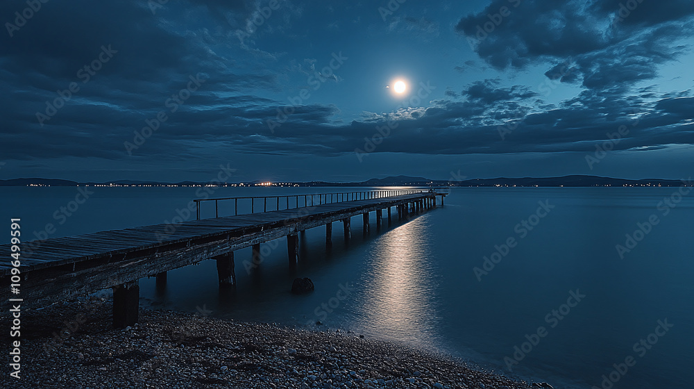 Fototapeta premium Wooden pier extending over calm water under a glowing full moon and dramatic night sky. Evokes tranquility, mystery, and natural beauty.