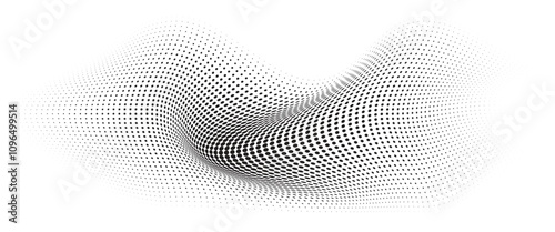 Flowing Wave Dot Halftone Pattern: Curve Gradient Shape on Transparent Background. Suitable for AI, Tech, Network, Digital, Science, and Technology Themes.