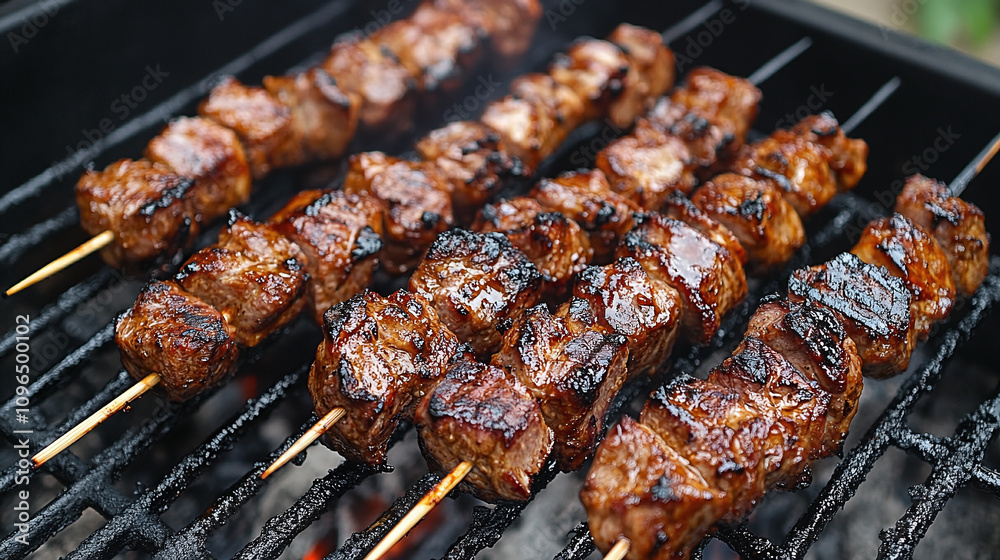 Juicy, grilled meat skewers on a barbecue grill, sizzling and charred to perfection. Perfect for food, cooking, or barbecue-themed projects.
