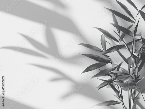 leaves in green tones on a pastel background, black and white