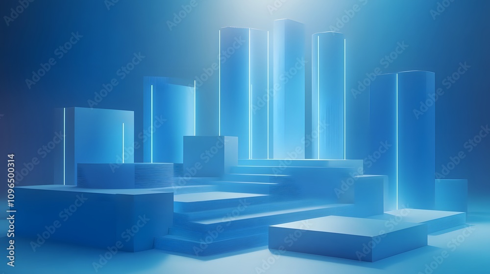 3D business data visualization with floating blue bar charts, UI dashboard elements, and white geometric platforms, featuring holographic statistics in modern infographic style. 3D business data visualization with floating blue bar charts, UI dashboard elements, and white geometric platforms, featuring holographic statistics in modern infographic style.