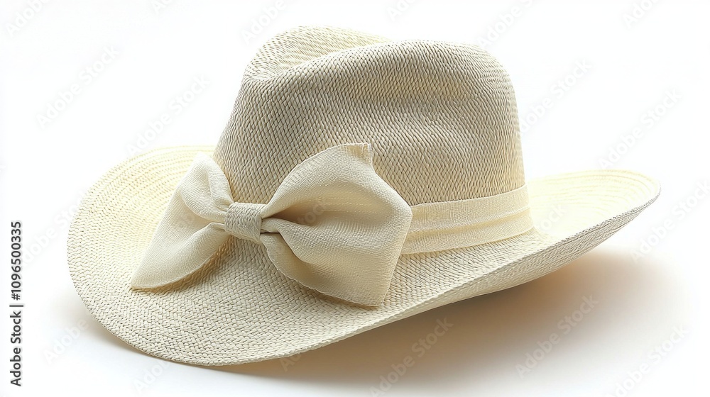 Stylish summer Panama hat tied bow accent showcasing fine craftsmanship minimalist white background Stylish summer Panama hat tied bow accent showcasing fine craftsmanship minimalist white background