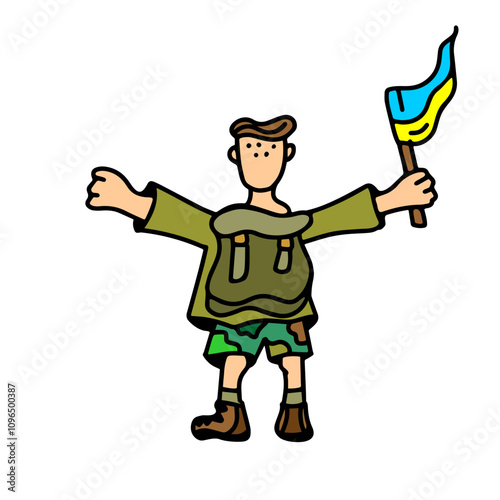Tourist with backpack and suitcase, standing with back turned