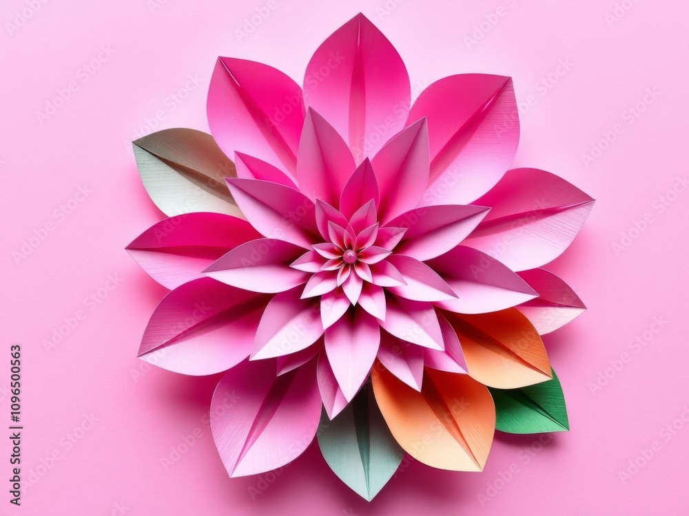 Fototapeta premium A vibrant pink post-it note stands out against a colorful paper flower background, creating a cheerful and whimsical design, design, paper flower, generative AI