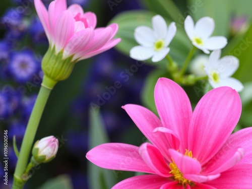 A vibrant pink flower with delicate petals and a fresh green stem, floral, garden, plant