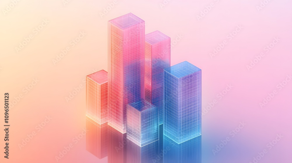 Isometric glass skyscrapers with translucent gradients transitioning from blue to pink, featuring modern geometric shapes and glowing edges on light beige background. Isometric glass skyscrapers with translucent gradients transitioning from blue to pink, featuring modern geometric shapes and glowing edges on light beige background.