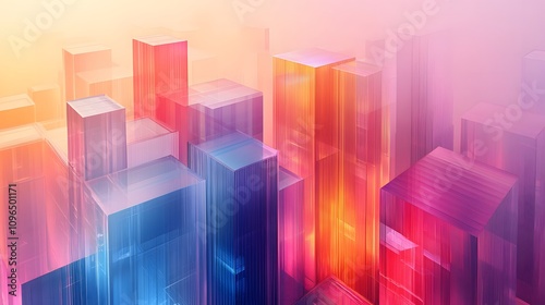 Isometric glass skyscrapers with translucent gradients transitioning from blue to pink, featuring modern geometric shapes and glowing edges on light beige background.