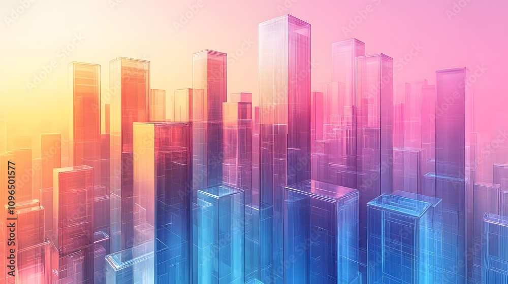 Isometric glass skyscrapers with translucent gradients transitioning from blue to pink, featuring modern geometric shapes and glowing edges on light beige background. Isometric glass skyscrapers with translucent gradients transitioning from blue to pink, featuring modern geometric shapes and glowing edges on light beige background.
