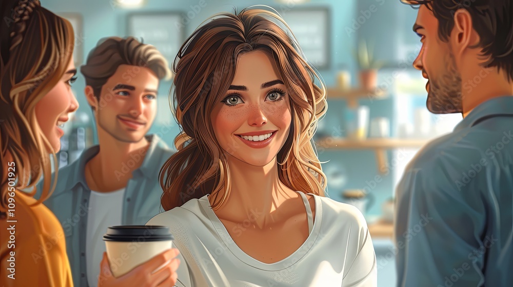 Colleagues chatting casually in a breakroom with coffee mugs in hand Colleagues chatting casually in a breakroom with coffee mugs in hand