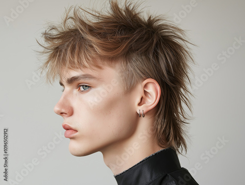 A close-up portrait of a man/woman with a trendy, edgy mullet haircut