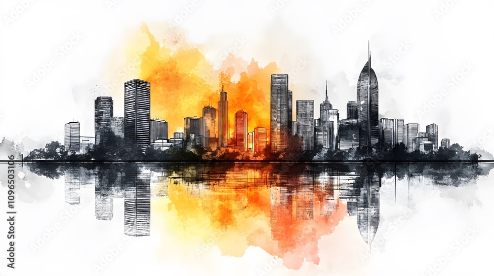 Fototapeta premium Architectural line&nbsp;art cityscape combined with watercolor splashes, featuring geometric&nbsp;linear drawings of modern buildings with water&nbsp;reflection and minimalist black lines.