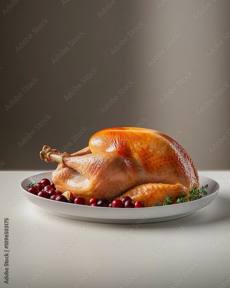 Turkey roasted until golden brown on neutral gray background. American cuisine and traditional holiday dishes. For Thanksgiving, Christmas celebration. Food shot for poster, menu, card Turkey roasted until golden brown on neutral gray background. American cuisine and traditional holiday dishes. For Thanksgiving, Christmas celebration. Food shot for poster, menu, card