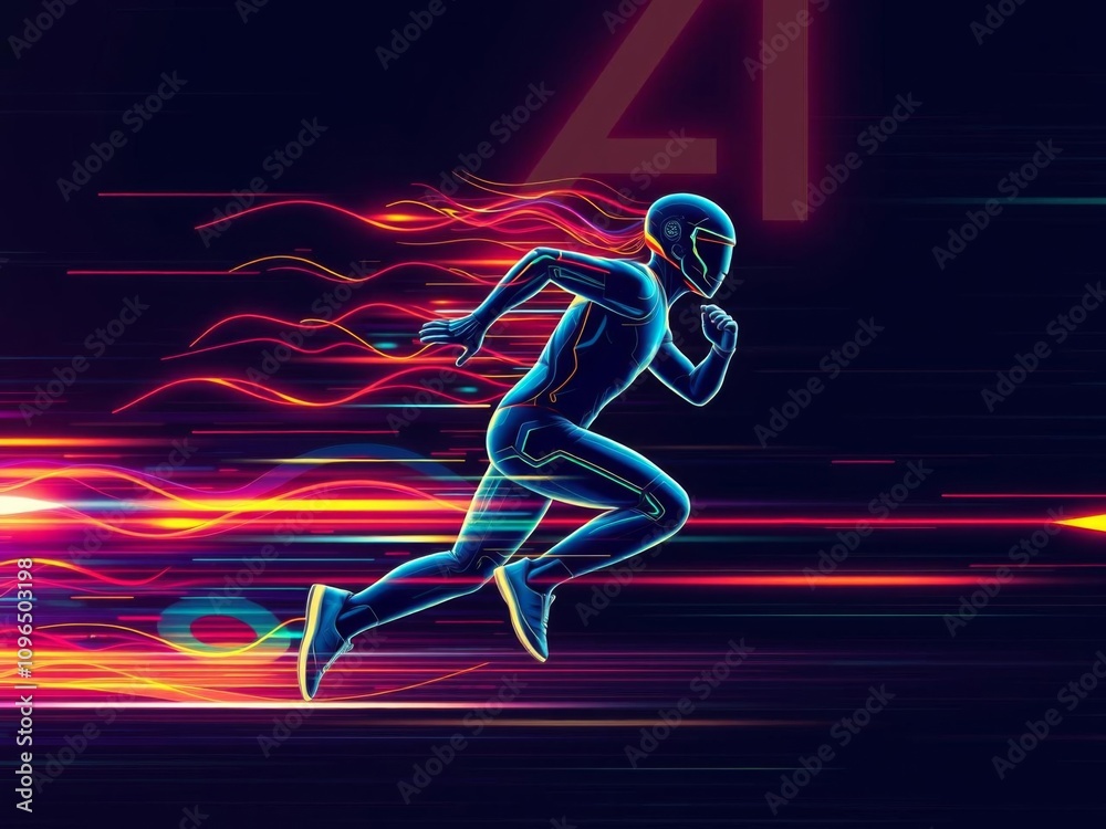 Obraz premium Abstract neon colors background with a silhouette of a woman running on the cover of a futuristic magazine, active, vibrant, athletics