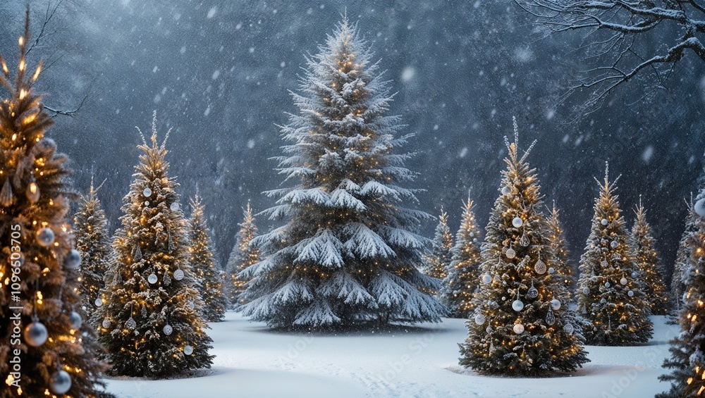 Magical Snowy Forest with Illuminated Christmas Trees Magical Snowy Forest with Illuminated Christmas Trees