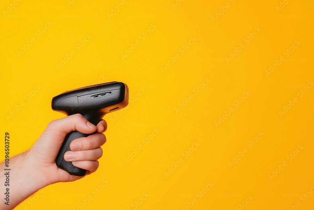 Fototapeta premium Hand holding a barcode scanner on a yellow background