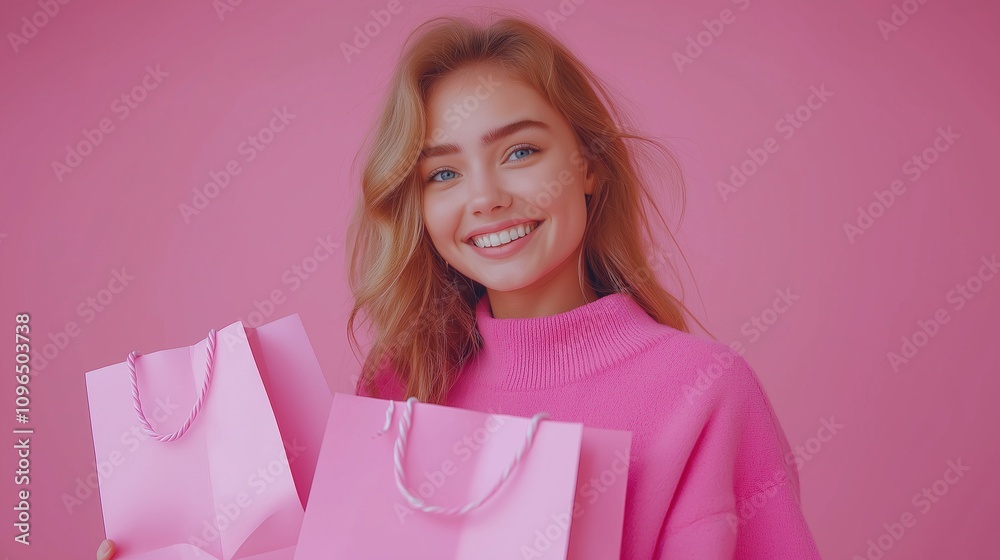 Blonde woman holding pink shopping bags on a pink background Blonde woman holding pink shopping bags on a pink background