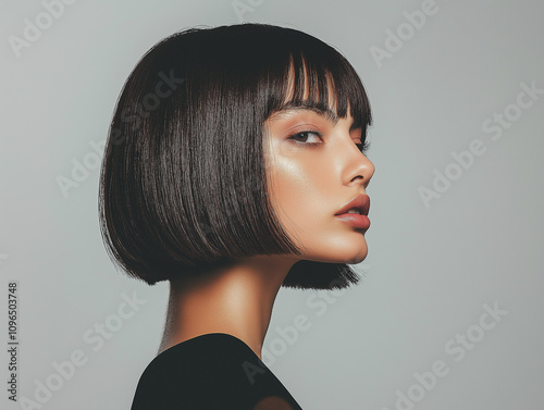 A close-up portrait of a man/woman with a trendy, edgy mullet haircut photo