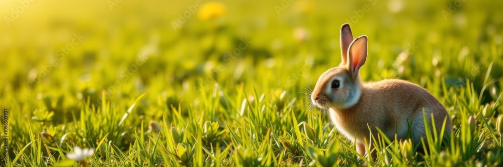 Adorable rabbit hopping through lush grass field in warm spring sunlight, field, greenery, spring Adorable rabbit hopping through lush grass field in warm spring sunlight, field, greenery, spring