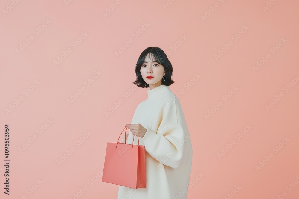 Elegant woman holding a red shopping bag on a pastel pink background Elegant woman holding a red shopping bag on a pastel pink background