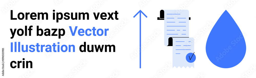 Business documents, upward pointing arrow, and a blue droplet symbol. Ideal for data visualization, business growth, analytics reporting, document management, finance presentations, educational Business documents, upward pointing arrow, and a blue droplet symbol. Ideal for data visualization, business growth, analytics reporting, document management, finance presentations, educational