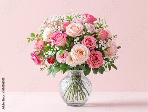 A stunning bouquet of fresh cut flowers including roses, carnations, and baby's breath in a clear glass vase, mixed flowers, botanical art, nature photography