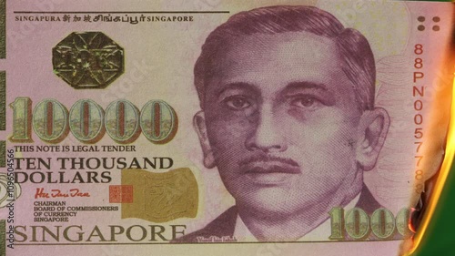 Wallpaper Mural close up on ten thousand singapore banknote burned with black background.
 Torontodigital.ca