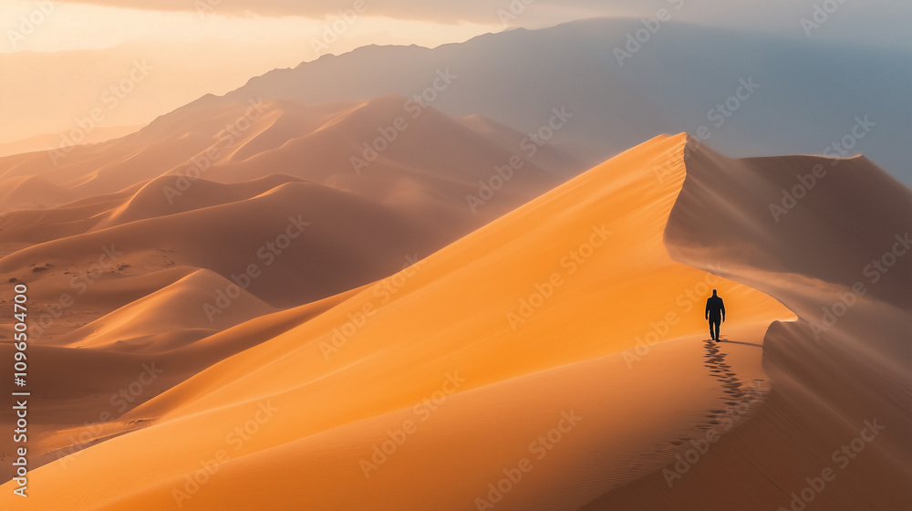 A person walking on golden sand dunes in a breathtaking desert landscape A person walking on golden sand dunes in a breathtaking desert landscape
