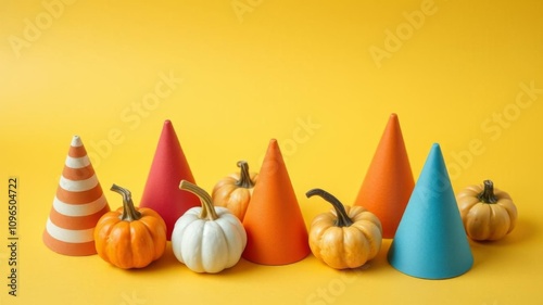 An original composition of multi colored miniature pumpkins and cones on a dark yellow background high angle view halloween holiday with empty space for inscription, original, colorful, cones photo