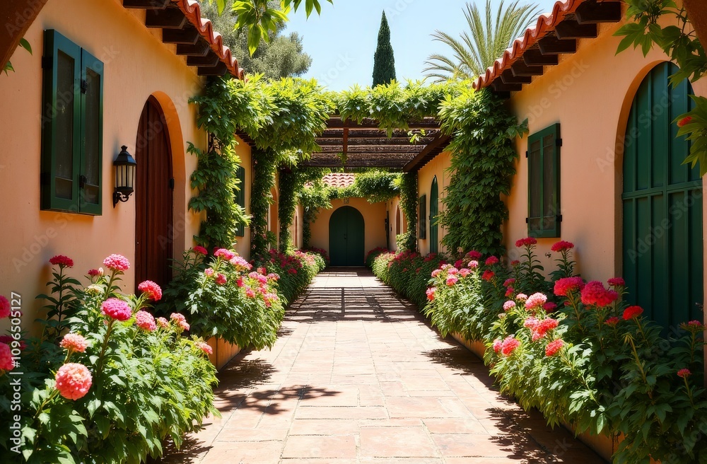Naklejka premium Mediterranean courtyard with floral decorations