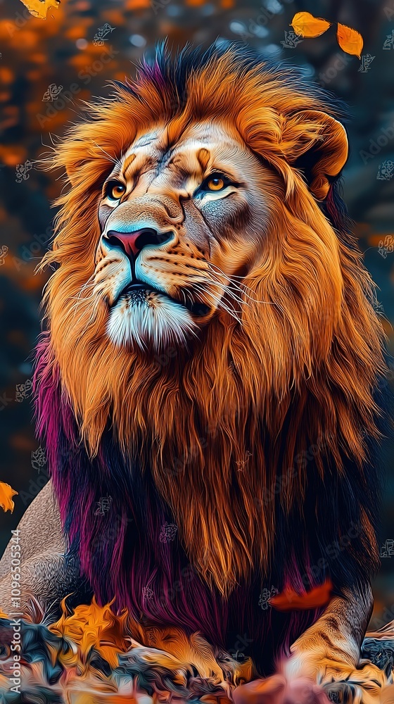 Fototapeta premium Animal lion in vivid color, vertical wallpaper 