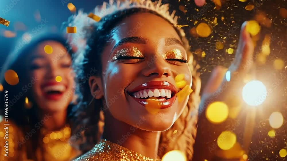A young woman in gold sparkles laughs with joy as confetti rains down around her. A young woman in gold sparkles laughs with joy as confetti rains down around her.