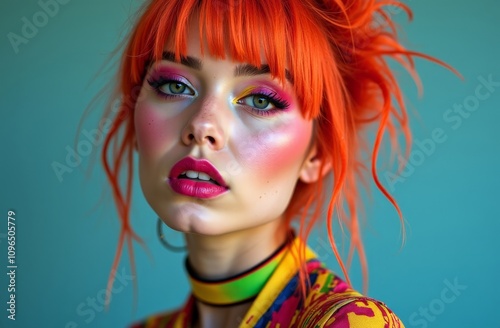 Woman with red hair and colorful makeup in bold outfit