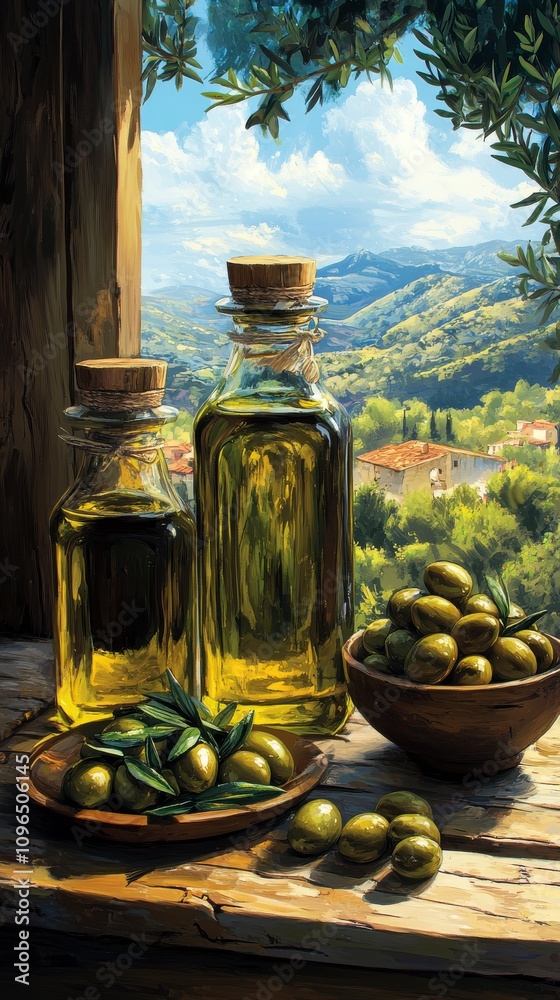 Rustic Olive Oil and Olives Still Life Painting Rustic Olive Oil and Olives Still Life Painting